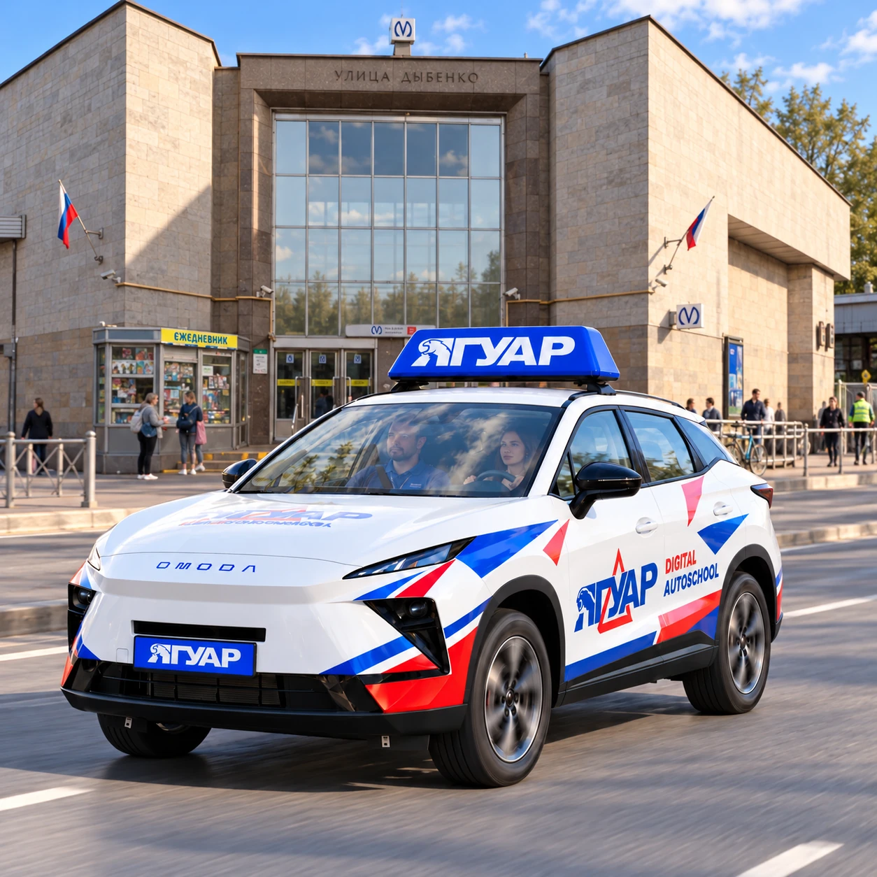 Учебный автомобиль «Ягуар» в движении рядом с метро Улица Дыбенко