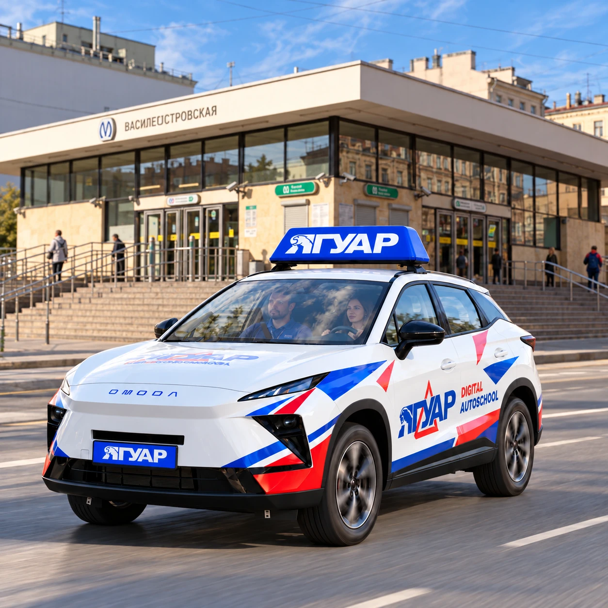 Учебный автомобиль «Ягуар» в движении рядом с метро Василеостровская