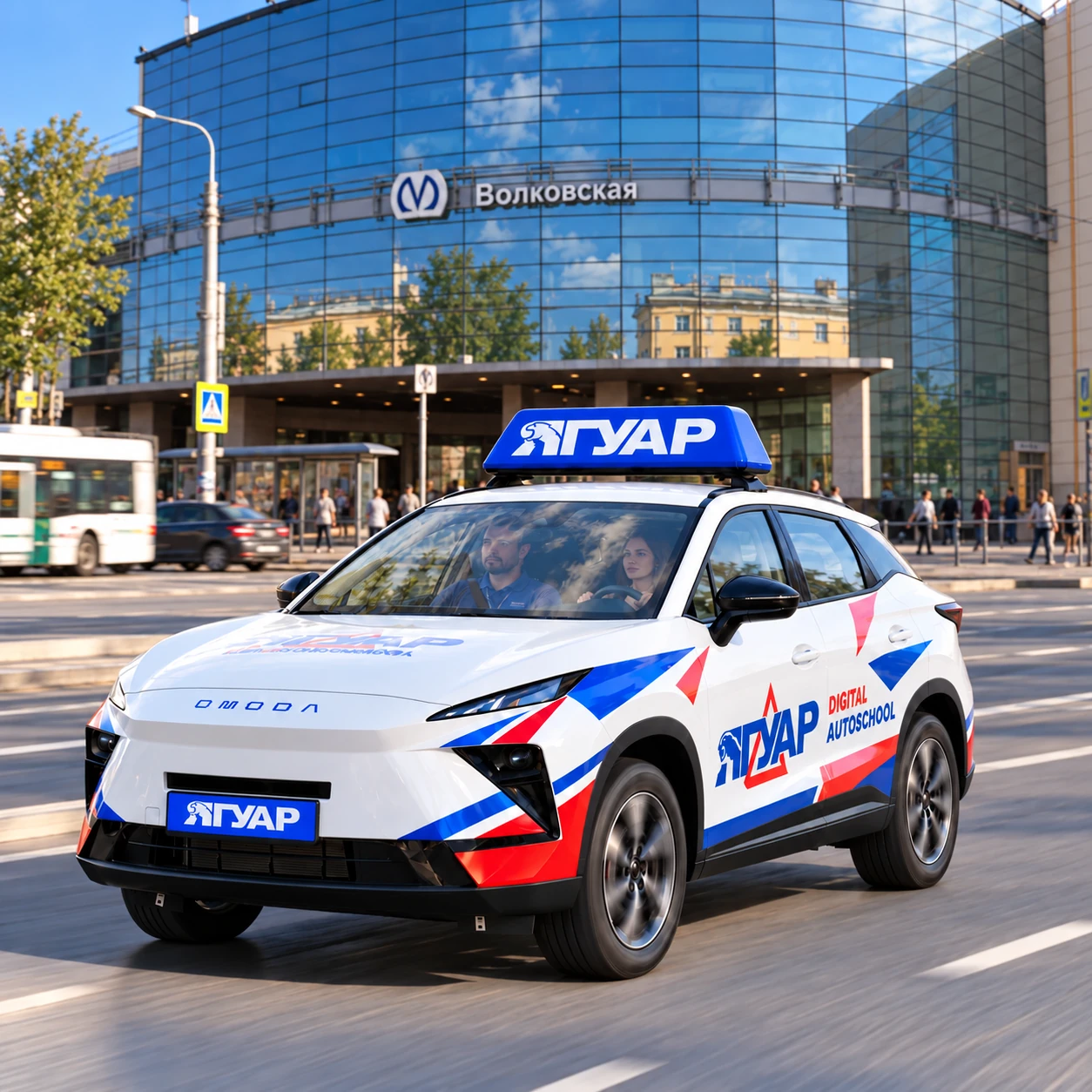 Учебный автомобиль «Ягуар» в движении рядом с метро Волковская